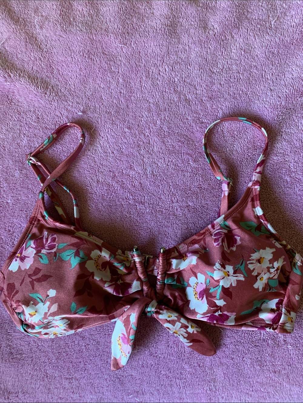 Xhilaration Floral Tie-Front Bikini Top - Rose Rust with Teal Accents